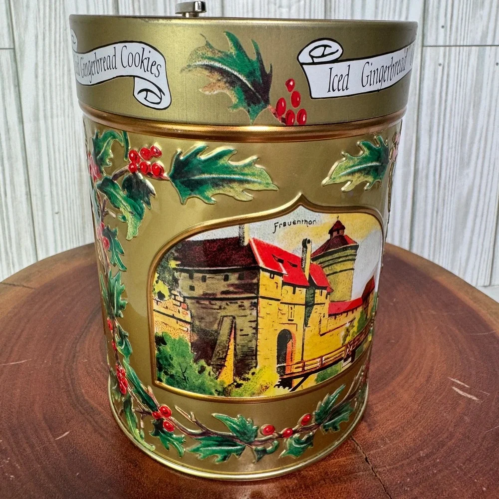Vintage 1999 Lambertz Aachen Musical Cookie Tin Gold German Holiday Decor 6in